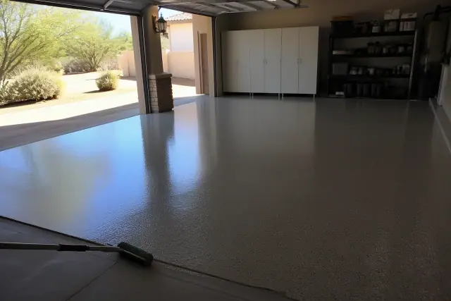 Freshly applied epoxy garage floor coating in a Glendale, AZ residential garage.
