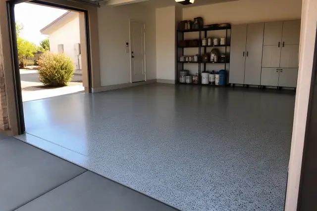 Residential garage with a smooth resin floor coating and storage cabinets in Phoenix, AZ.