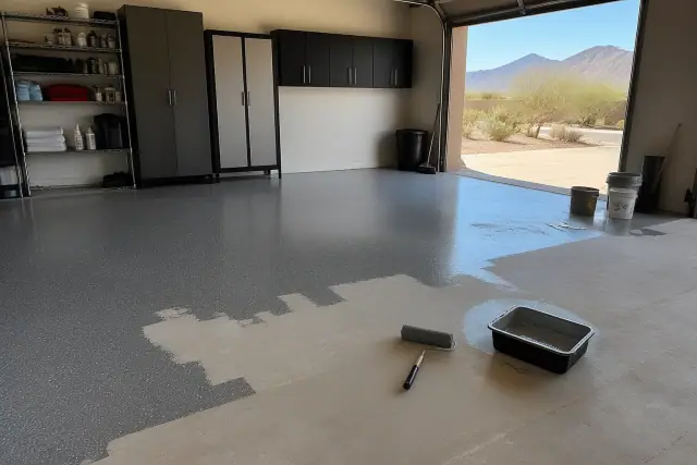 Epoxy garage floor coating in progress at a residential home in Queen Creek, AZ.