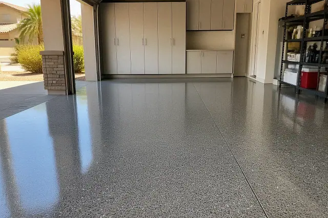 Newly applied high-gloss epoxy garage floor in a residential home in Chandler, AZ.