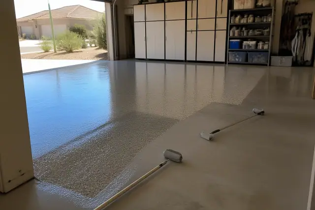 Fresh resin coating being applied to a residential garage floor in Mesa, AZ.