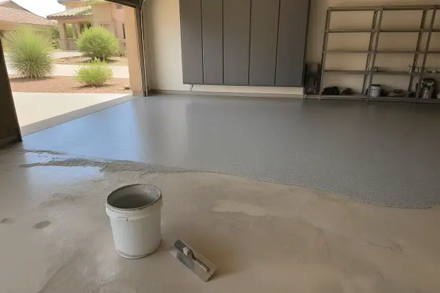 Epoxy flooring being applied in a residential garage in Goodyear, AZ with tools visible and desert landscape outside.