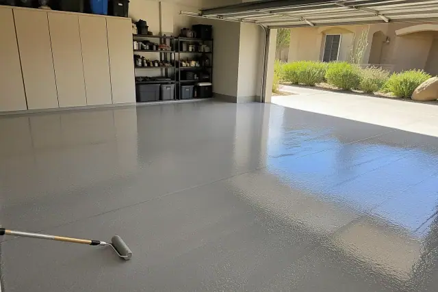 Epoxy floor coating being applied to a residential garage in Mesa, AZ, with visible roller marks and wall cabinets.