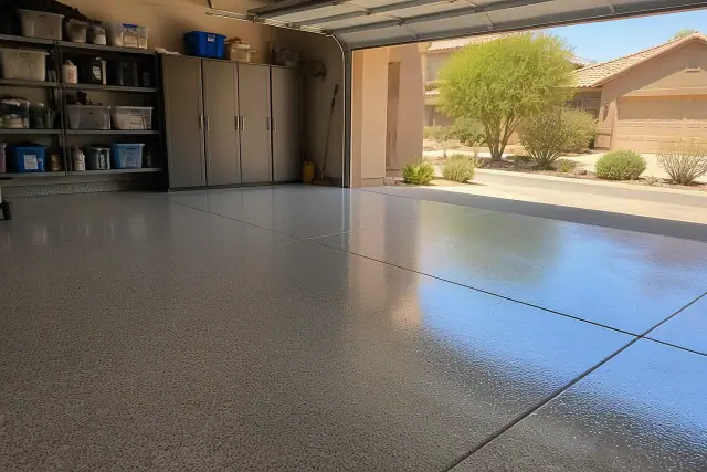 High-gloss epoxy garage floor in a residential home in Phoenix, AZ, with storage cabinets and desert landscaping visible.