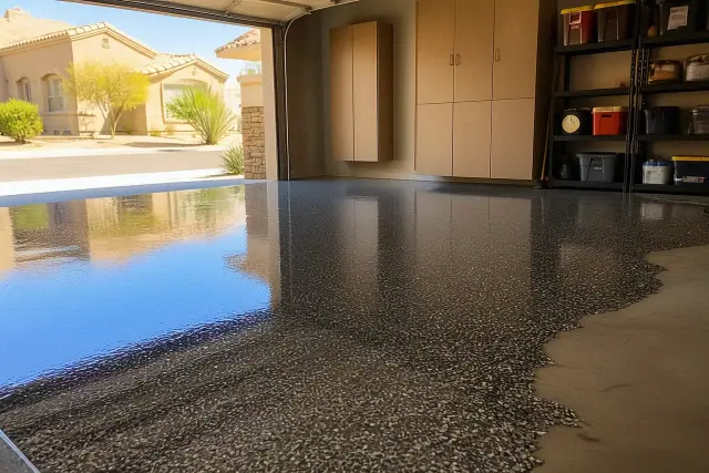 Wet garage floor epoxy with decorative flakes being applied in a residential garage in Glendale, AZ.