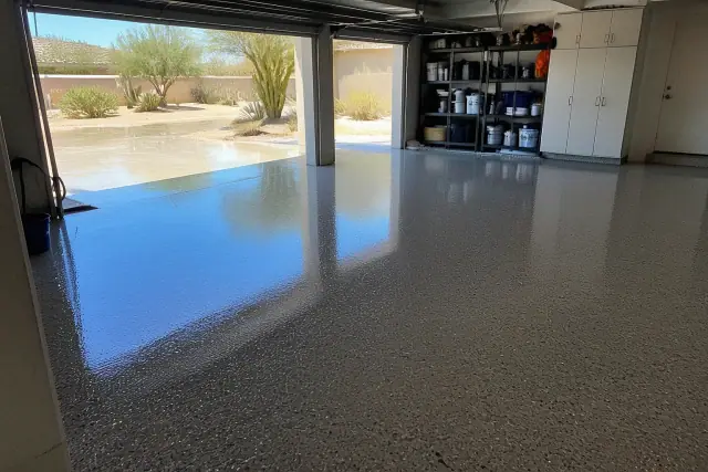 Fresh glossy garage floor epoxy in a residential garage in Goodyear, AZ with desert landscape visible outside.