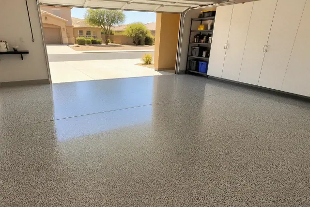 Completed garage floor epoxy installation in a residential garage in Gilbert, AZ.