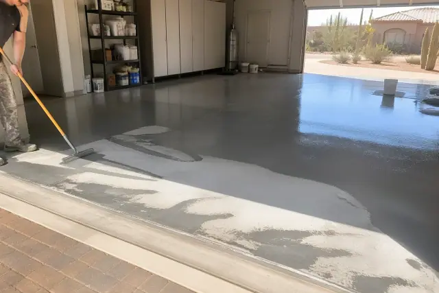Contractor applying epoxy floor coating in a residential garage in Scottsdale, AZ.