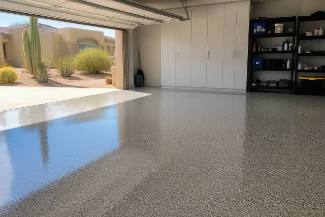 Completed glossy epoxy garage floor in a residential home in Chandler, AZ.