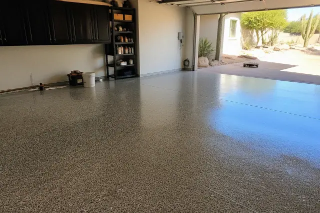Freshly applied high-gloss epoxy floor with flake broadcast in a residential garage in Tempe, AZ.