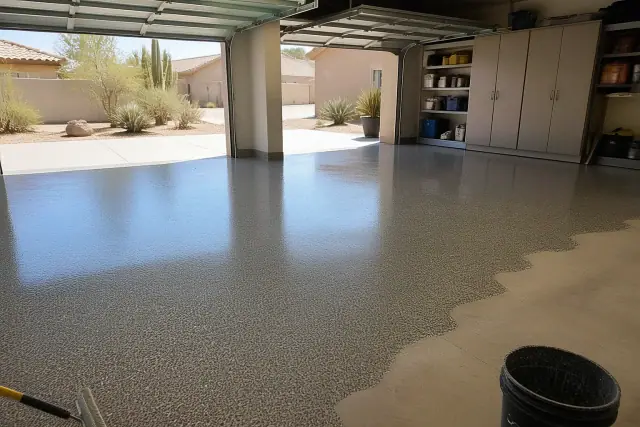 Partially applied epoxy coating on a residential garage floor in Phoenix, AZ.