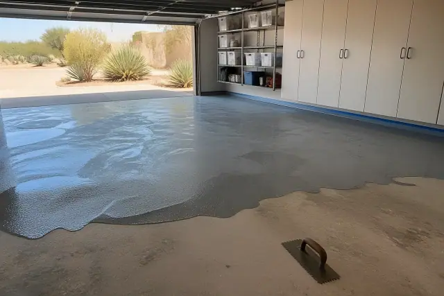 Epoxy coating applied to a residential garage floor in Queen Creek, AZ, with a notched trowel on the surface.