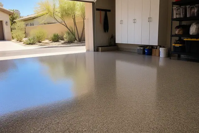 Finished epoxy garage floor with desert landscaping visible through the open door in Phoenix, AZ.