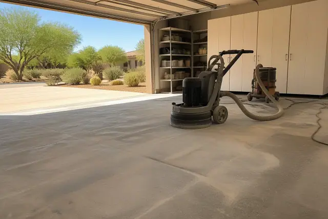 Concrete floor mid-grind with grinding equipment in a residential garage in Phoenix, AZ.