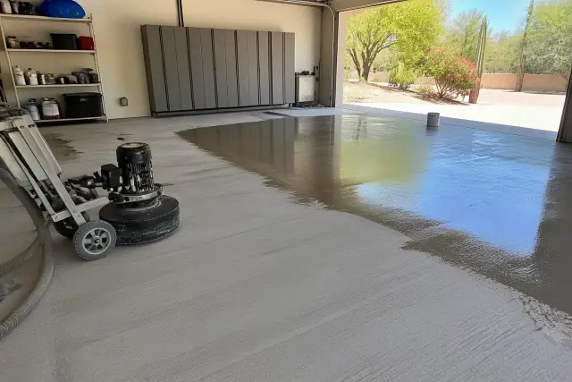 Concrete floor grinding and sealing in a residential garage in Phoenix, AZ.
