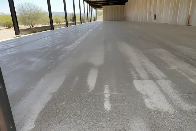 Concrete floor in a Phoenix, AZ warehouse showing grinding dust and aggregate during surface preparation.