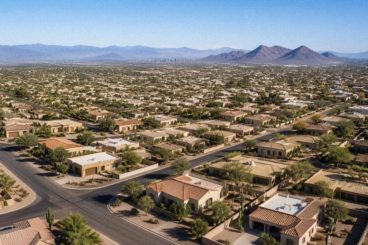 Aerial view of a residential neighborhood with saguaros and desert foothills in Phoenix, AZ.