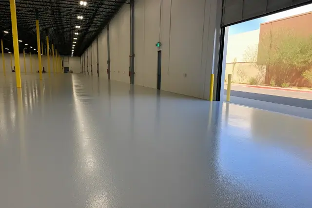 Completed high-build epoxy flooring in a logistics warehouse in Phoenix, AZ, seen through an open bay door.