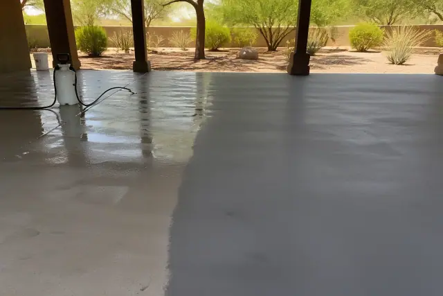 Concrete slab curing on a patio jobsite in Phoenix, AZ with desert landscaping in the background.