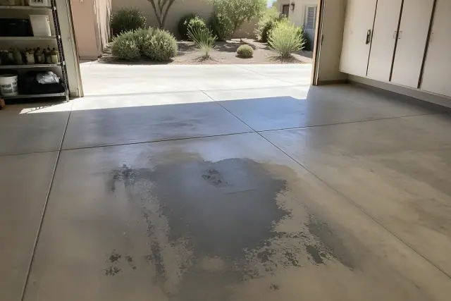 Concrete garage floor showing heat-related tire wear and sun exposure damage in a Phoenix, AZ home.