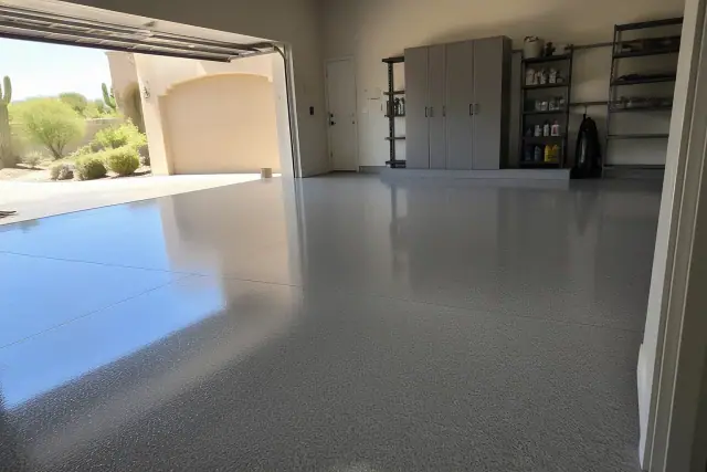 High-gloss epoxy floor in a residential garage in Phoenix, AZ, with utility cabinets and desert views.