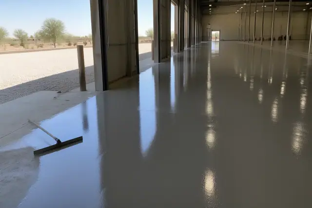 Wet industrial epoxy flooring in a warehouse with a squeegee in Peoria, AZ.