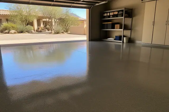 Finished industrial epoxy flooring in a residential garage with desert landscaping visible in Paradise Valley, AZ.