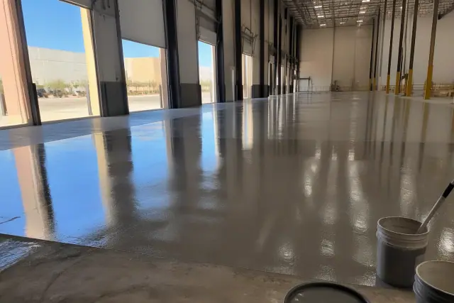Industrial epoxy flooring in mid-cure state with roller texture inside a warehouse in Phoenix, AZ.