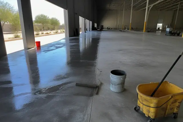 Contractor preparing unfinished concrete for industrial epoxy flooring at a logistics building in Phoenix, AZ.