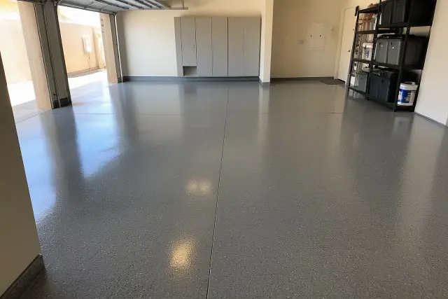 Finished industrial epoxy flooring in a residential garage in Tempe, AZ with storage shelving along the walls.