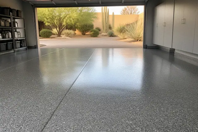 Glossy industrial epoxy flooring in a residential garage with desert views in Scottsdale, AZ.