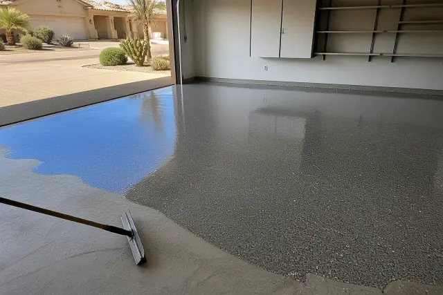 Industrial epoxy flooring installation in a residential garage in Glendale, AZ with a squeegee tool nearby.