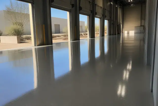 Glossy industrial epoxy flooring inside a warehouse with desert views through open bay doors in Phoenix, AZ.