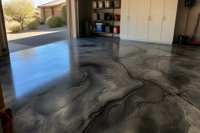Metallic epoxy flooring with lava-flow veining in a residential garage in Phoenix, AZ.