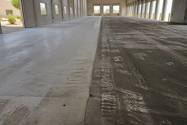 Concrete floor showing wear from light-duty and industrial traffic inside a warehouse in Phoenix, AZ.