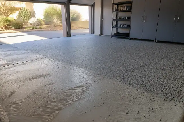 Light Flake Systems application on a garage floor in Phoenix, AZ with desert landscaping visible in the background.