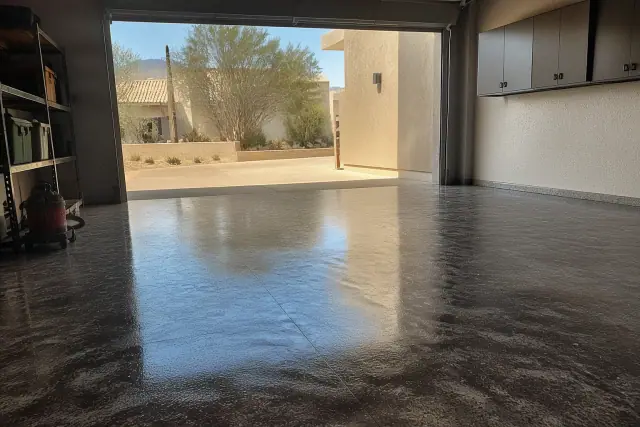 Metallic and flake hybrid epoxy flooring in a residential garage in Phoenix, AZ.