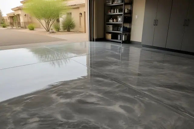 Metallic epoxy floor with a high-gloss marbleized finish in a residential garage in Phoenix, AZ.