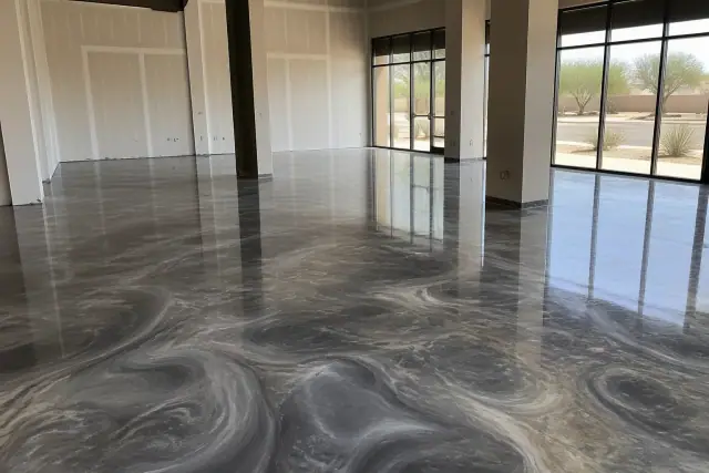 Metallic epoxy flooring with a swirled pigment finish in a retail space in Phoenix, AZ.