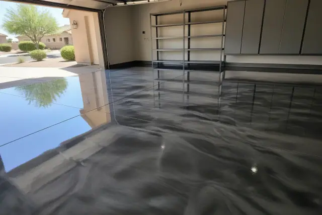 Metallic epoxy garage flooring with high-gloss swirls in a residential home in Queen Creek, AZ.