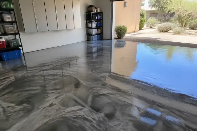 Metallic epoxy floor with silver-gray marbling in a residential multi-car garage in Gilbert, AZ.