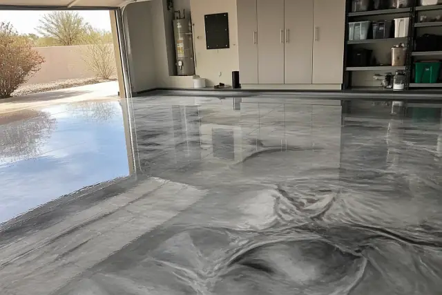 Metallic epoxy flooring with pearlescent swirls in a residential garage in Phoenix, AZ.