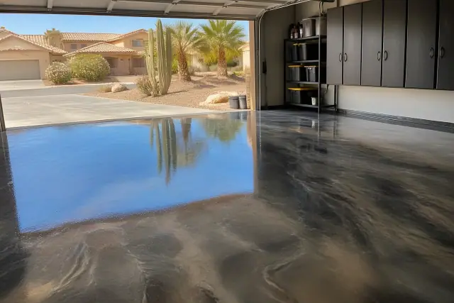 Metallic epoxy garage floor with a high-gloss swirling finish in a Peoria, AZ residential home.