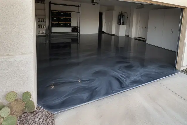 High-gloss metallic epoxy garage flooring with a marble swirl pattern in a residential home in Scottsdale, AZ.