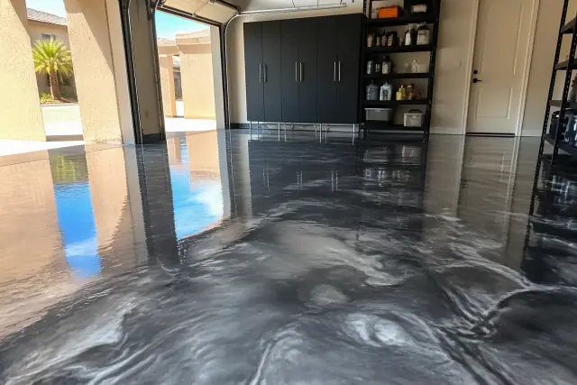 High-gloss metallic epoxy flooring installed in a residential garage in Phoenix, AZ.