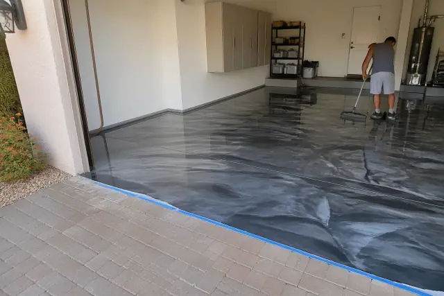 Fresh metallic epoxy flooring installation in a residential garage in Phoenix, AZ.