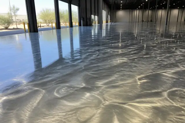 Metallic epoxy flooring with a pearlescent finish in a Phoenix, AZ warehouse under natural sunlight.