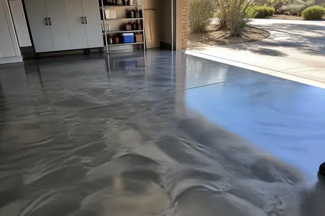Metallic epoxy flooring in a residential garage with desert views in Mesa, AZ.