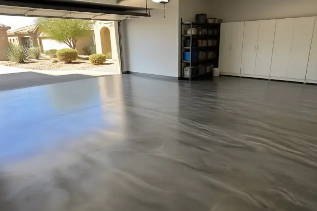 Metallic epoxy garage flooring with a pearlescent texture in a residential home in Phoenix, AZ.