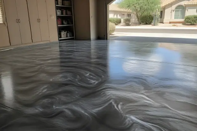 Metallic epoxy floor with a swirling resin finish inside a residential garage in Chandler, AZ.